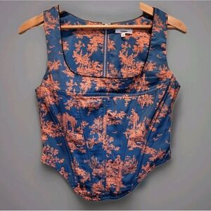 Miaou Campbell Marmalade Toile Print Corset Crop Top Boning Satin Sz M